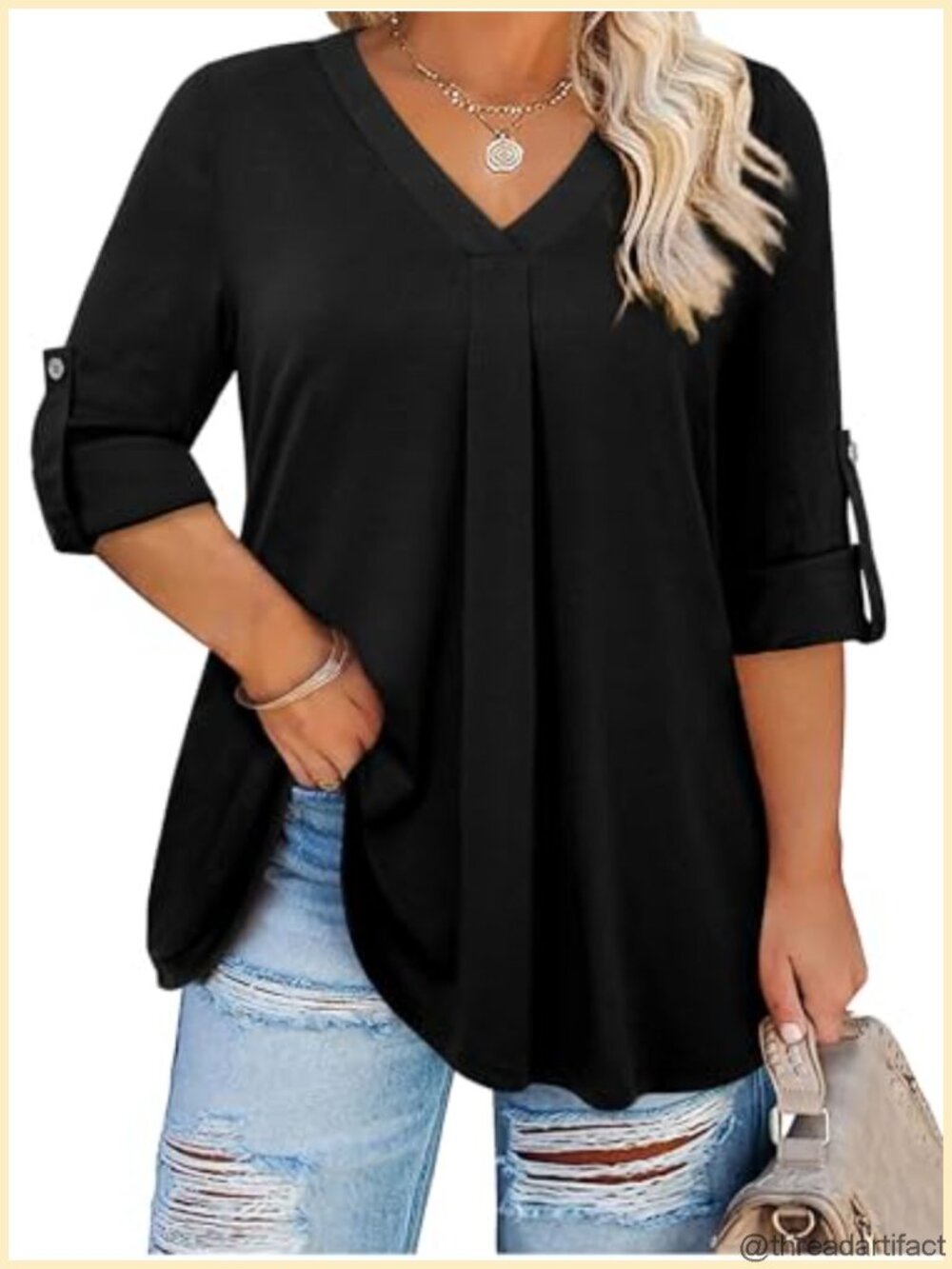 Plus Size V Neck Ruchéd 3/4 Sleeve Tunic Top Blouse